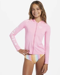 Girls Sales Store 43 Promo 🛒 Billabong Girl's 4-16 Core Surf Daze UPF 50 Long Sleeve Zip-Up Rashguard PINK DAZE 👍